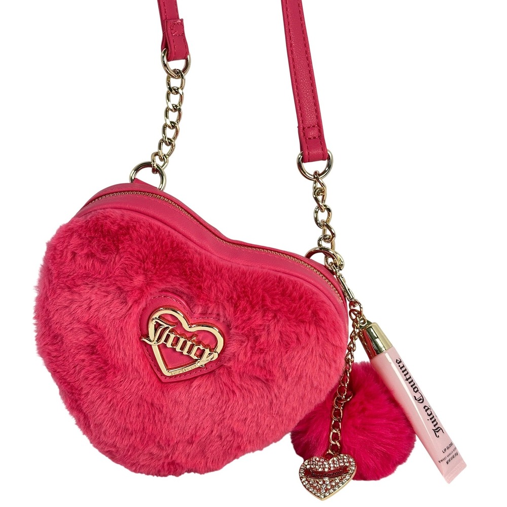 Juicy Couture Hot Pink Faux Fur Heart Crossbody Bag with Lip Gloss Set NEW
